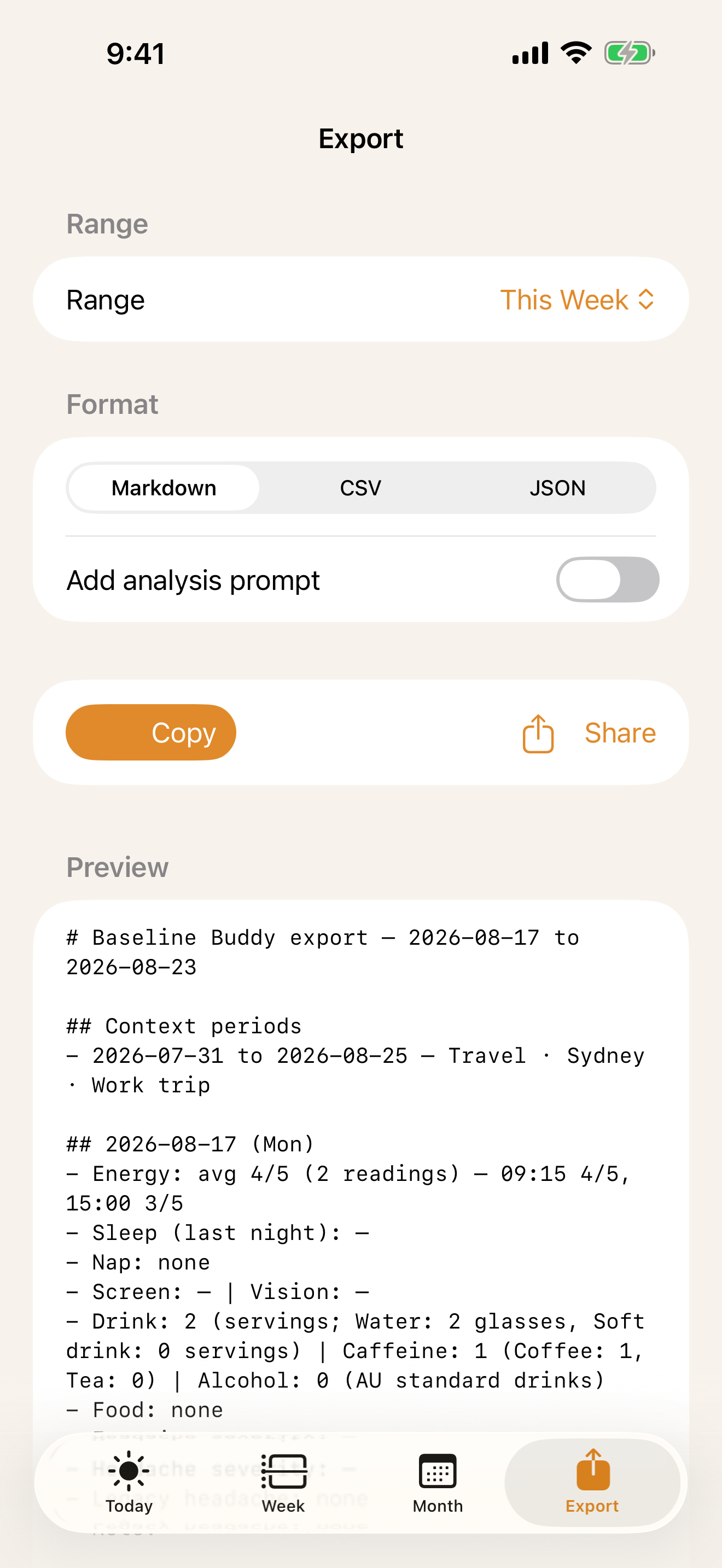 Baseline Buddy Export screen with range, format, Copy, and Share controls