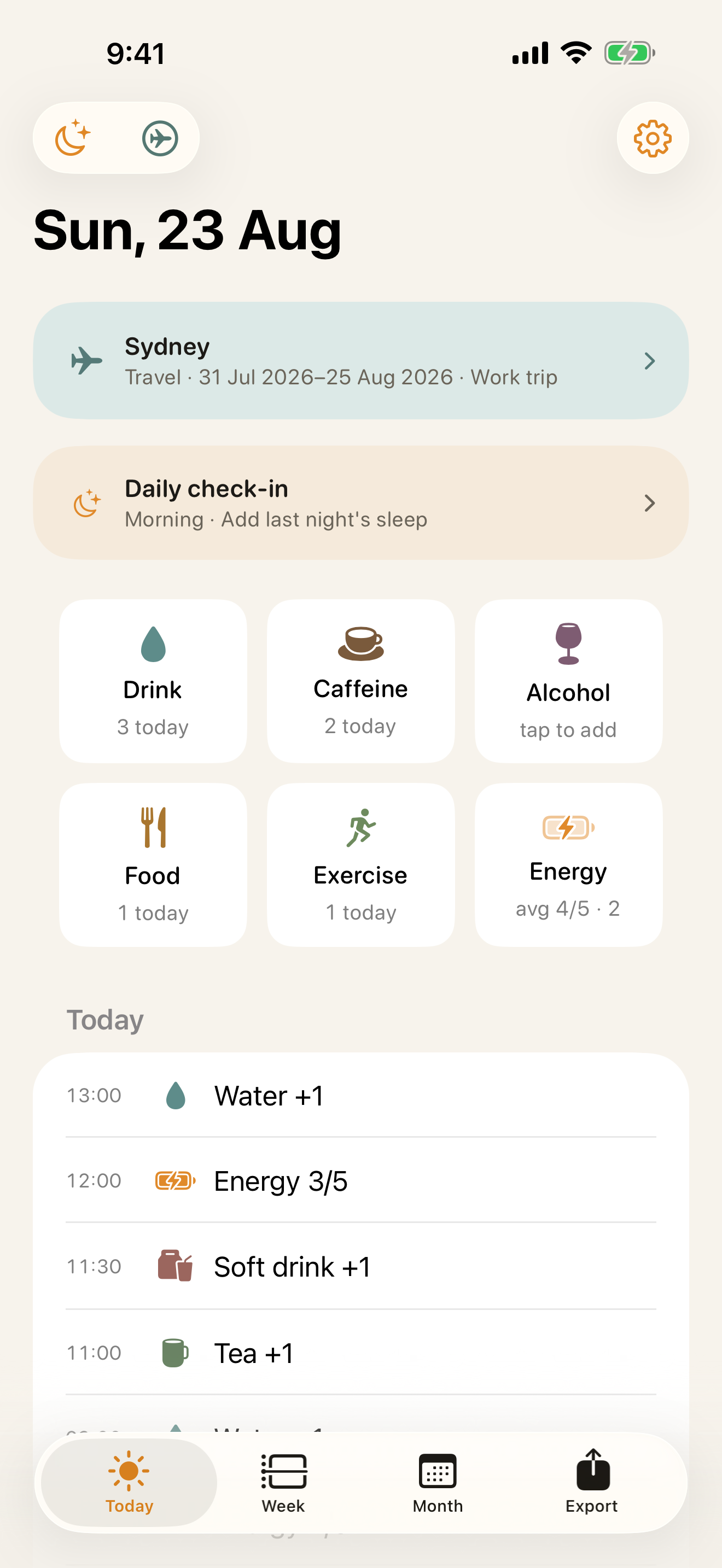 Baseline Buddy Today screen with quick-add tiles and a timeline of recent entries